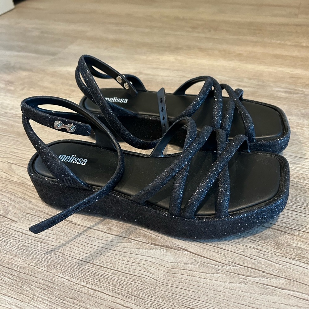 Melissa Rachel Glitter Black Platform NWOT